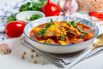 Delicious thick soup of beef and chickpeas.