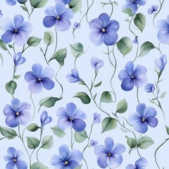 A delicate pattern of blue violets intertwined with green leaves on a soft blue background, evoking a fresh and floral aesthetic.