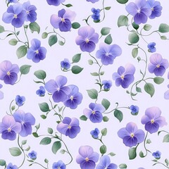 A delicate floral pattern featuring vibrant purple pansies and green leaves against a soft light background.