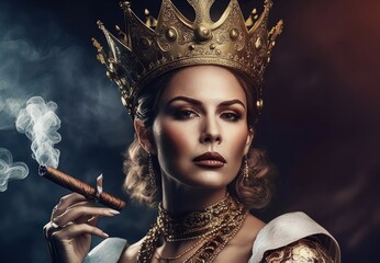 Beautiful domineering woman in a crown with a cigar, queen