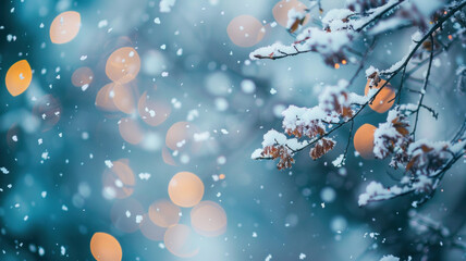 winter background with close-up of snow on trees and bokeh