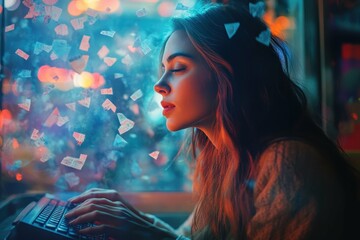 Home Office Setup. Young woman using laptop, focused on screen, cozy indoor setting, technology and remote work concept, modern lifestyle, soft colorful bokeh background, suitable for digital marketi