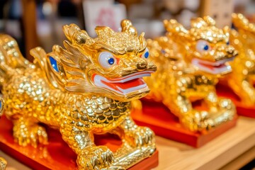Golden mythical lion statues with red bases, traditional Chinese art.