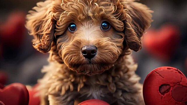 Adorable puppy lagotto romagnolo posing with red hearts for valentine's day