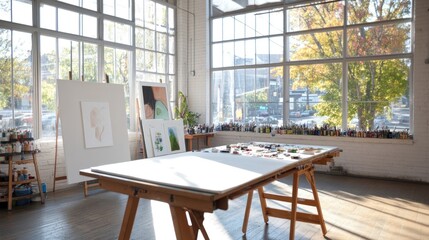Fototapeta premium A spacious art studio with large windows, wooden tables, and art supplies.