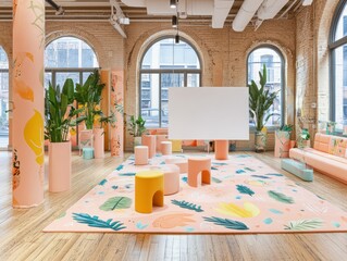 Fototapeta premium A vibrant, modern workspace featuring colorful furniture and plants for creative collaboration.