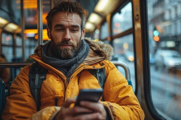 Man in Yellow Jacket Using Phone on City Bus During Evening Commute