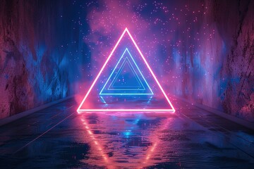 abstract background, triangle portal, glowing dots, screen pixels, neon light, virtual reality, ultraviolet spectrum, pink blue colors, laser show, isolated on black, floor reflection