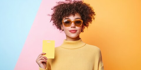 Stylish person with curly hair wearing sunglasses and holding a yellow card.
