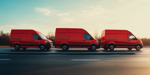 Three red delivery vans parked on a scenic roadside under a clear sky.