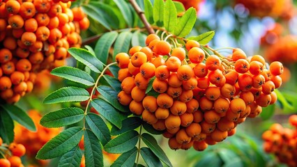 Ripe mountain ash berries on a branch at a tilted angle