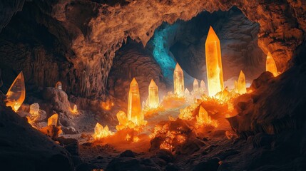 Glowing crystals deep inside dark cave.
