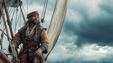 Pirate on the ship with sails.