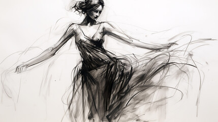 Black charcoal pencil drawing of a young active ballet dancing lady in white background with live performance