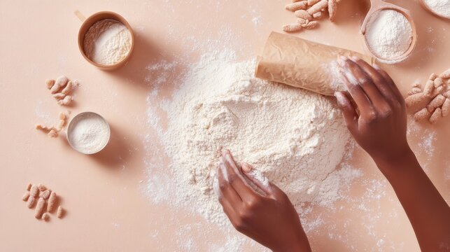 Hands kneading dough on a table with flour, rolling pin and ingredients.
