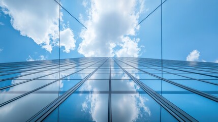 A sleek skyscraper with a glass exterior reflecting the urban landscape and sky, creating a bold and dynamic architectural image