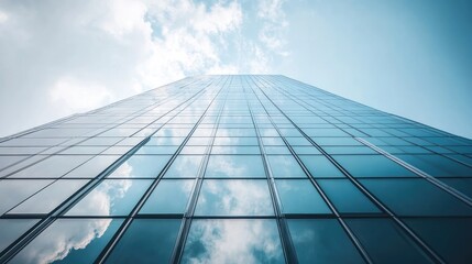 A sleek skyscraper with a glass exterior reflecting the urban landscape and sky, creating a bold and dynamic architectural image