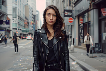 Fototapeta premium Modern Urban Fashion: Sleek Leather Jacket in Bustling City Setting