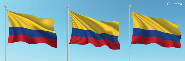 Set of three flags of Colombia waving on flagpoles
