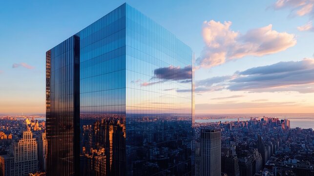 Dramatic architectural shot of a modern skyscraper with a glass fade, reflecting the surrounding city and sky in bold detail -