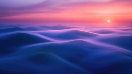 Rolling hills shrouded in dense fog at dawn, creating an ethereal and mysterious landscape as the sun rises