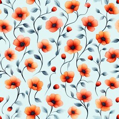 A vibrant floral pattern featuring orange poppies and green leaves against a light blue background, perfect for fabrics or wallpapers.
