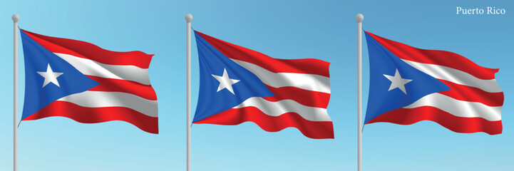 Set of three flags of Puerto Rico waving on flagpoles