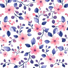 A delicate floral pattern featuring pink and purple flowers intertwined with green leaves against a white background.