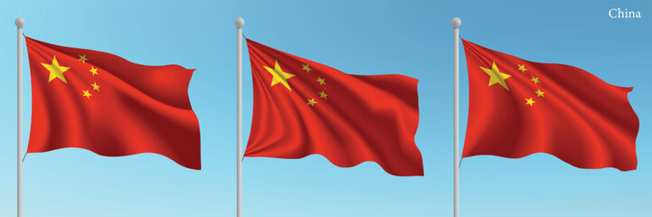 Set of three flags of China waving on flagpoles