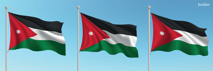Set of three flags of Jordan waving on flagpoles