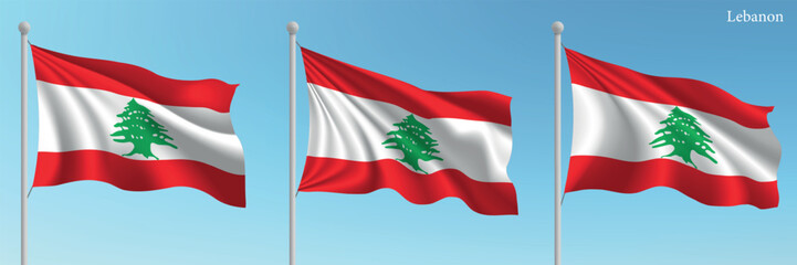 Set of three flags of Lebanon waving on flagpoles