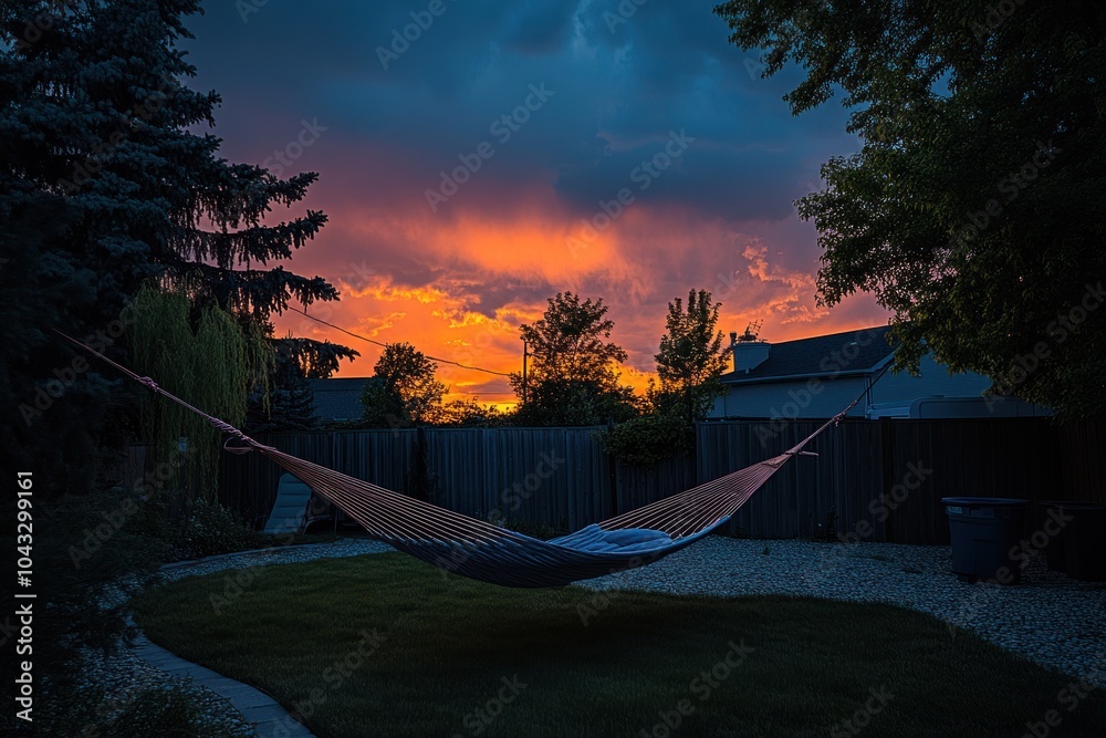 Wall mural A tranquil backyard scene featuring a hammock under a colorful sunset sky.