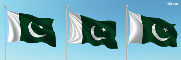 Set of three flags of Pakistan waving on flagpoles