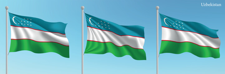 Set of three flags of Uzbekistan waving on flagpoles