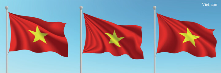 Set of three flags of Vietnam waving on flagpoles © magr80
