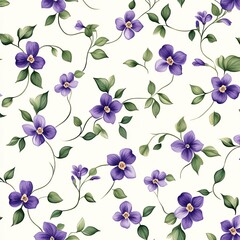 A vibrant floral pattern featuring purple violets and green leaves on a light background, ideal for decorative designs.