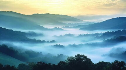 Fototapeta premium A captivating landscape of fog-covered hills at dawn, the mist adding a sense of mystery and calm to the peaceful scene