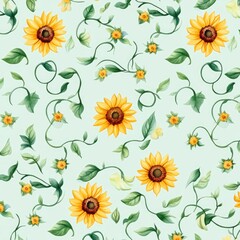 A vibrant pattern featuring sunflowers and vines on a light mint background, evoking a cheerful and lively atmosphere.
