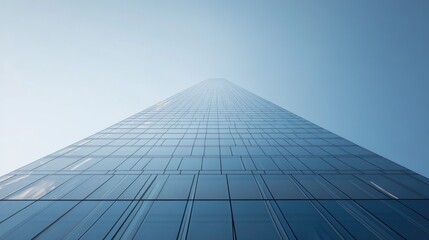 A modern skyscraper with a striking glass fade reflecting the sky and city, captured in a bold architectural photograph