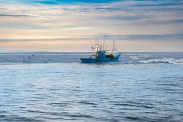 Fototapeta premium Calm sea of ​​Hokkaido, ship and eagle