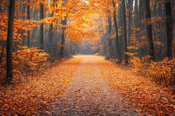 Obraz premium autumn forest scene, forest path bathed in sunlight and golden leaves with vibrant orange and red foliage, perfect for adding text