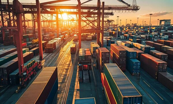 Aerial View of a Container Port at Sunset