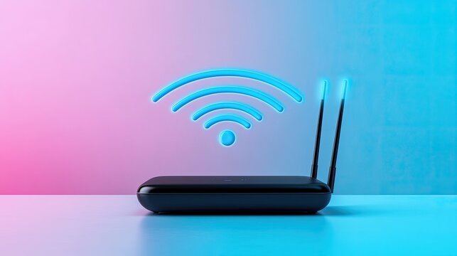 A modern Wi-Fi router with glowing signal waves, set against a vibrant pink and blue background, representing connectivity and technology.