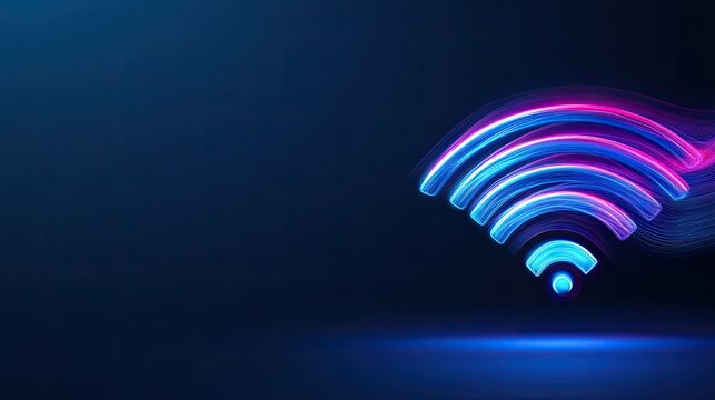 A vibrant, digital illustration of a Wi-Fi signal icon, featuring a blue and pink gradient against a dark background, suggesting connectivity and technology.