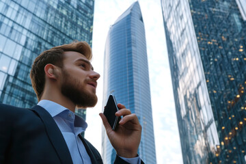 Confident young businessman using a smartphone for voice command or communication in front of modern skyscrapers in a bustling financial district, showcasing corporate lifestyle and technology