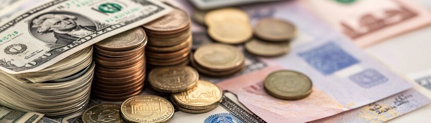 A collection of various currencies, including cash and coins, arranged on a surface.