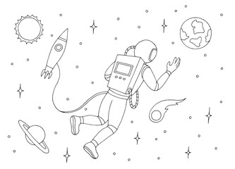 Spaceman fly astronaut graphic black white space landscape sketch illustration vector