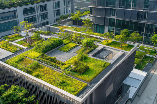 Eco-friendly urban design featuring modern green rooftop gardens for sustainable architecture