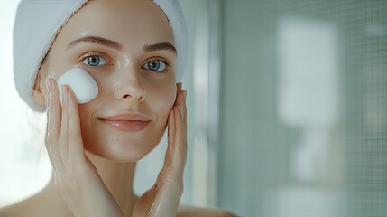 Young woman using a cotton pad to cleanse her face, removing makeup and revealing clean, fresh skin, in a bright bathroom. 