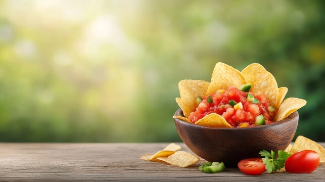 Fresh salsa served with crispy tortilla chips in a rustic bowl